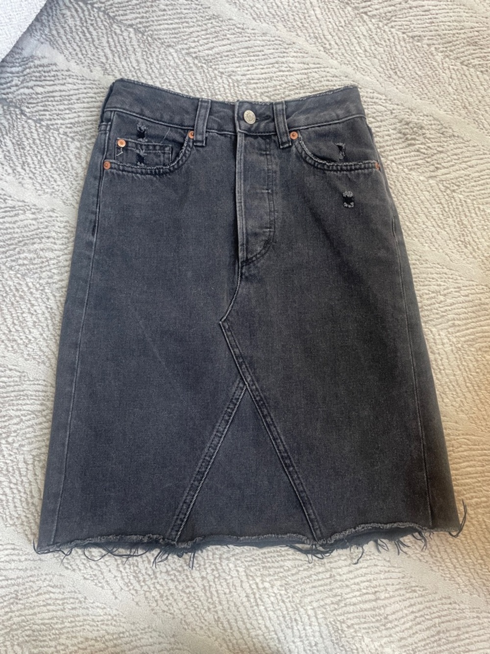 Washed Black &Denim Midi Jean Skirt with Frayed Hemline